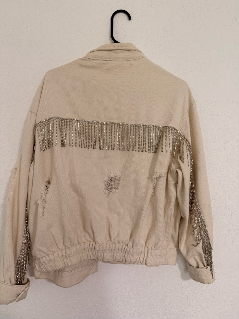 Beige Fringe Rhinestone Distressed Jacket